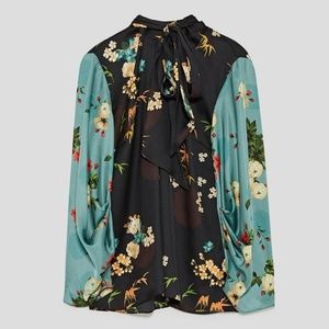 Zara Silk Printed Floral Blouse with Bow XS *NWT*